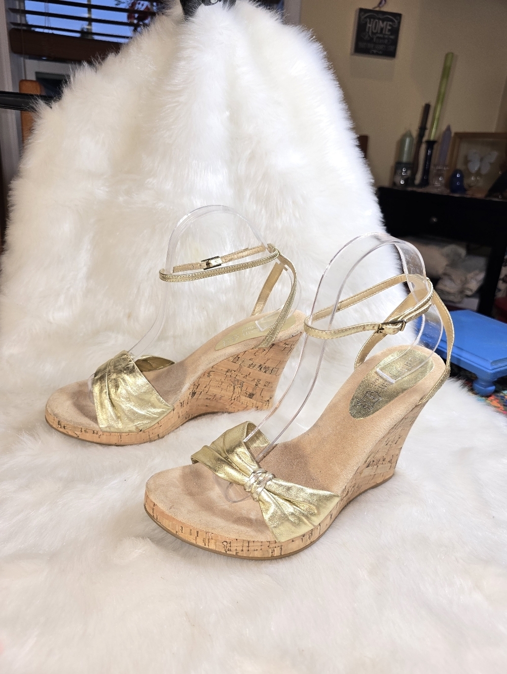 Cathy Jean Twisted Golden Leather Cork-wrapped Wedge Sandals with Ankle Strap